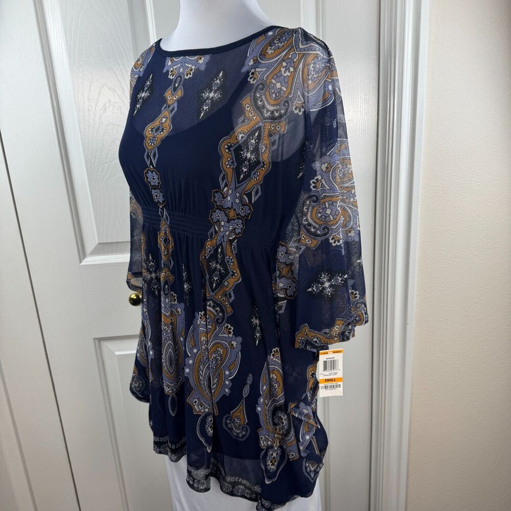 INC International Concepts S Blue Mesh Tunic Top NWT 2 Pc Lined Batwing Boho - Picture 3 of 16